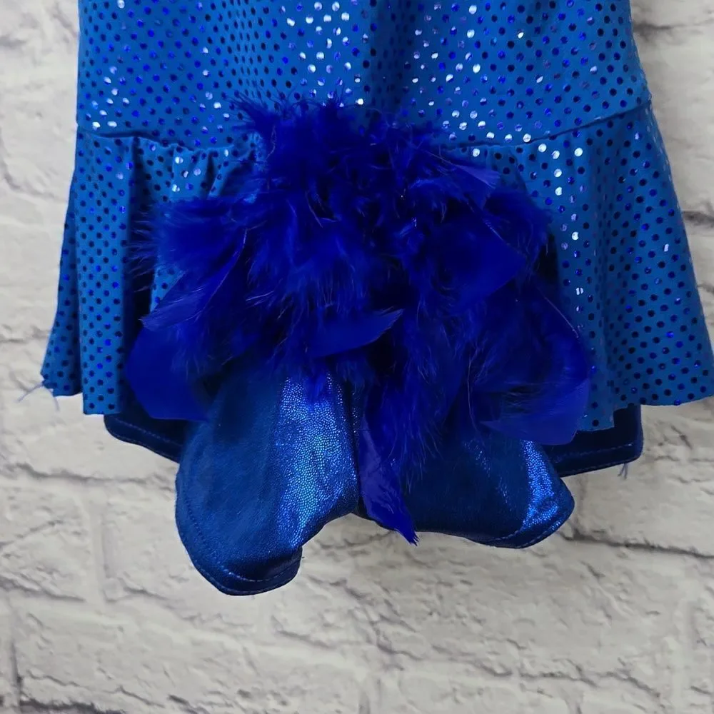 Girls Blue Sequin Ruffle Biketard Sleeveless Leotard Dance Costume Small Feather